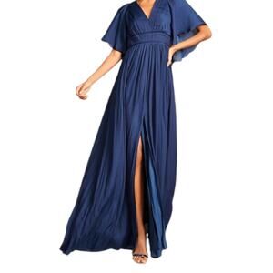 HALSTON HERITAGE $525 NEW Long Formal Dress 2 Maxi Navy Blue Cape Sleeve Wedding